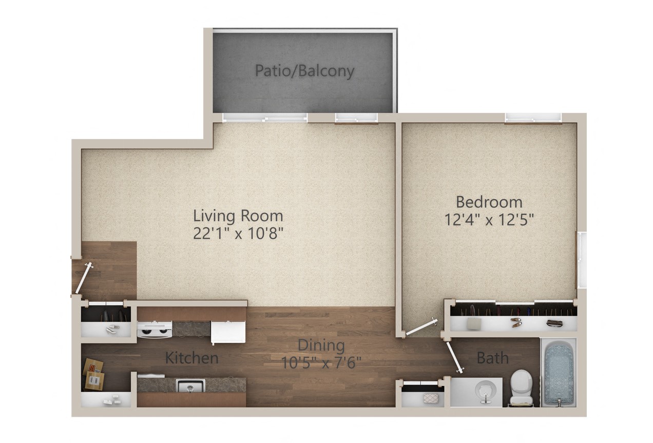 Floor plan for 1 bed, 1 bath, 687 sqft